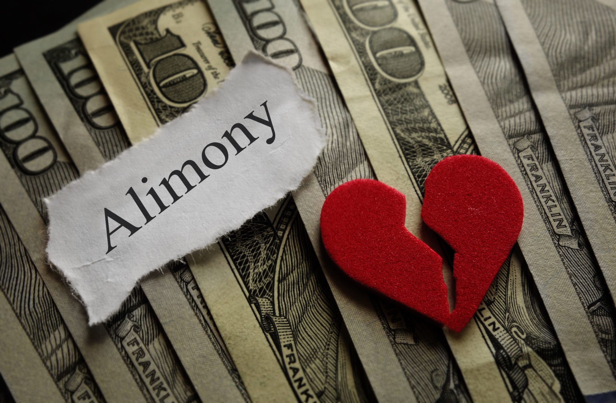 Hundred dollar bills with alimony sign and broken heart